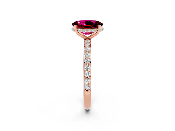 Rose gold Oval Cut Garnet Solitaire Ring with Pavé Band and Hidden Halo