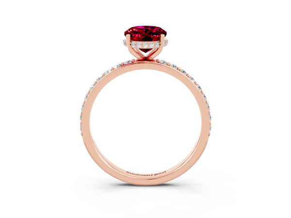 Rose gold Oval Cut Garnet Solitaire Ring with Pavé Band and Hidden Halo