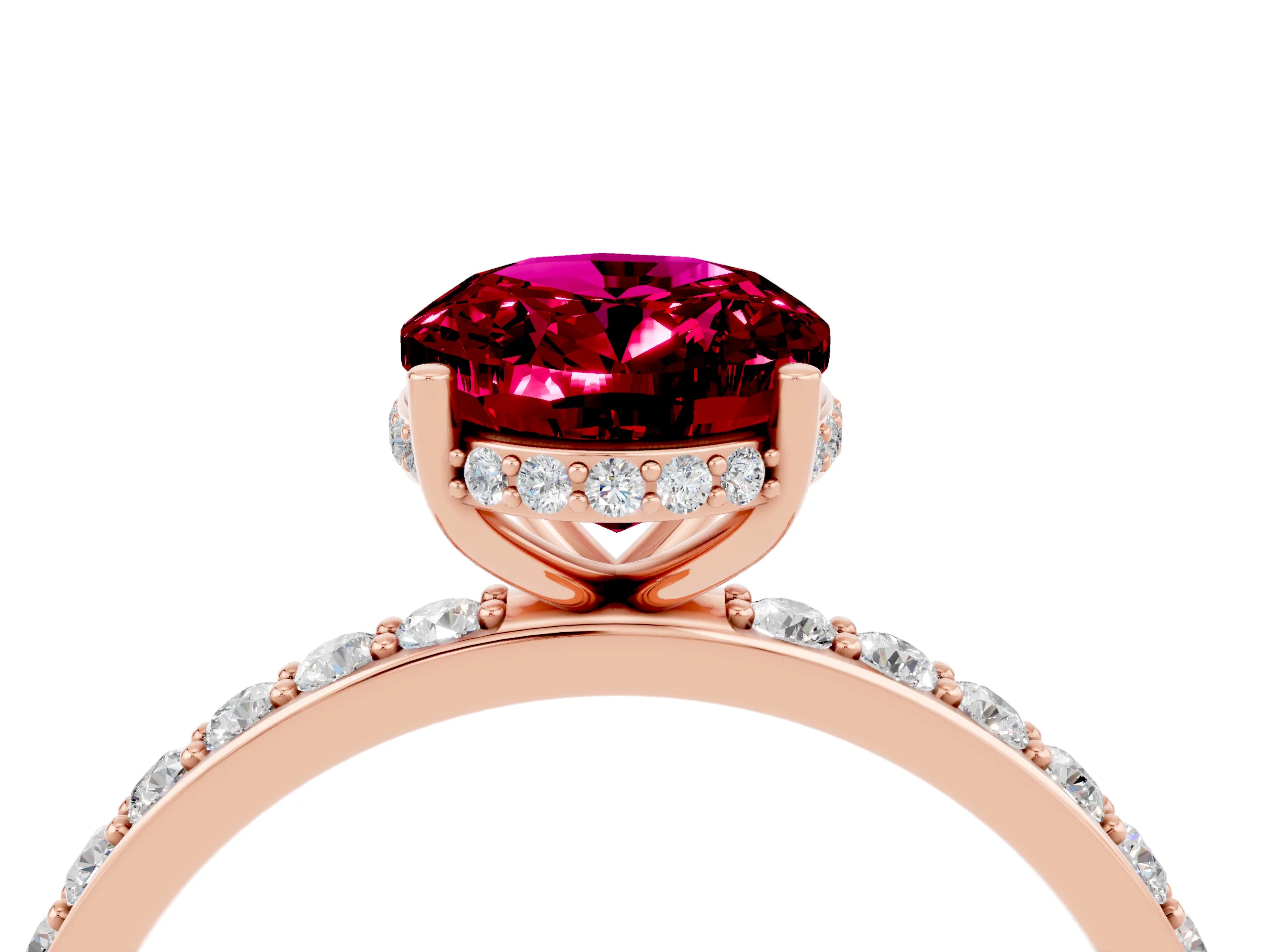 Rose gold {shape_name} Garnet Solitaire Ring with Pavé Band and Hidden Halo_4
