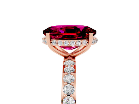 Rose gold {shape_name} Garnet Solitaire Ring with Pavé Band and Hidden Halo_5