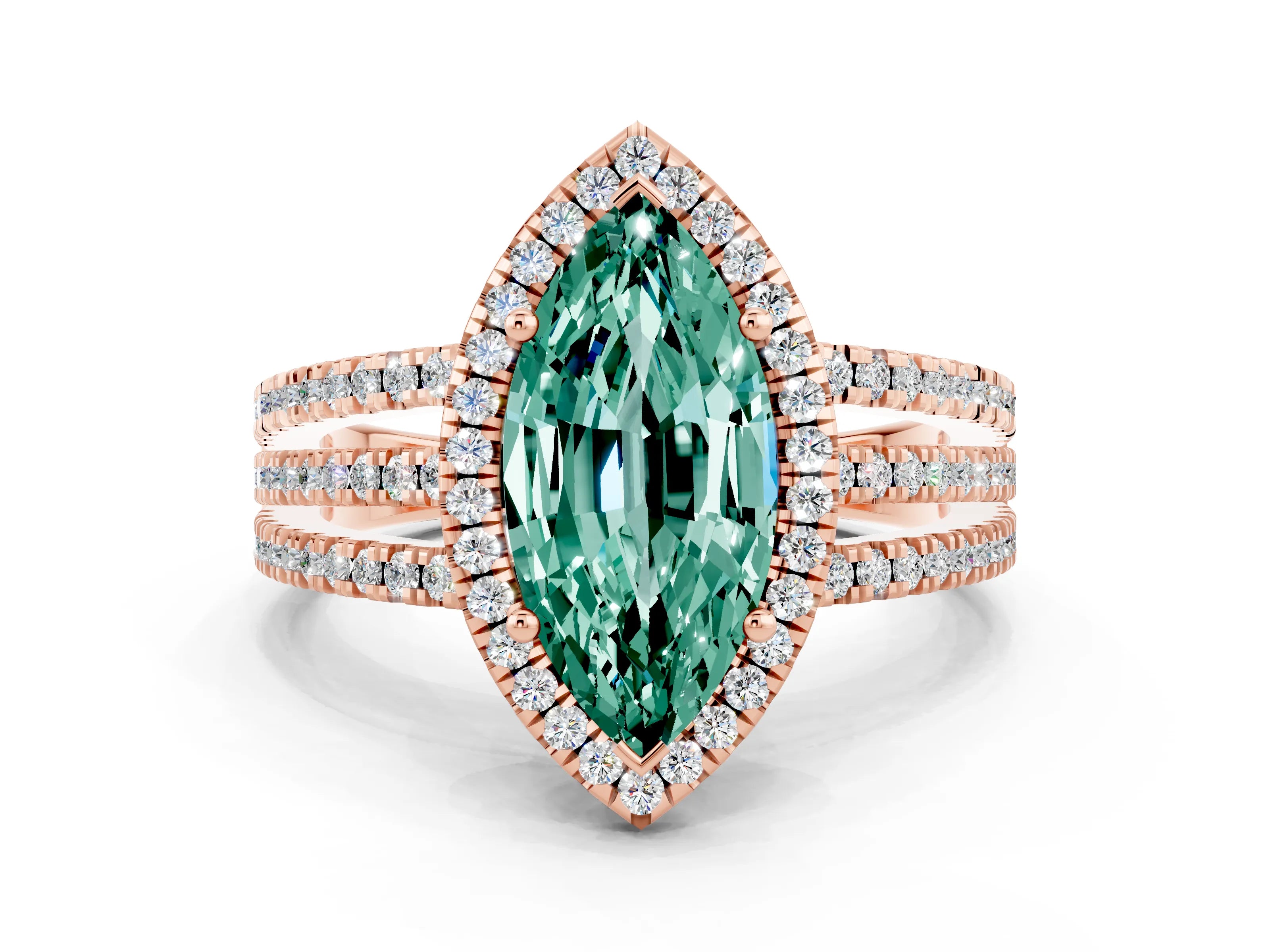 Rose gold {shape_name} Green Sapphire Halo Engagement Ring with Split Shank and Four-Prong Setting