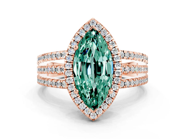 Rose gold Marquise Cut Green Sapphire Halo Engagement Ring with Split Shank and Four-Prong Setting
