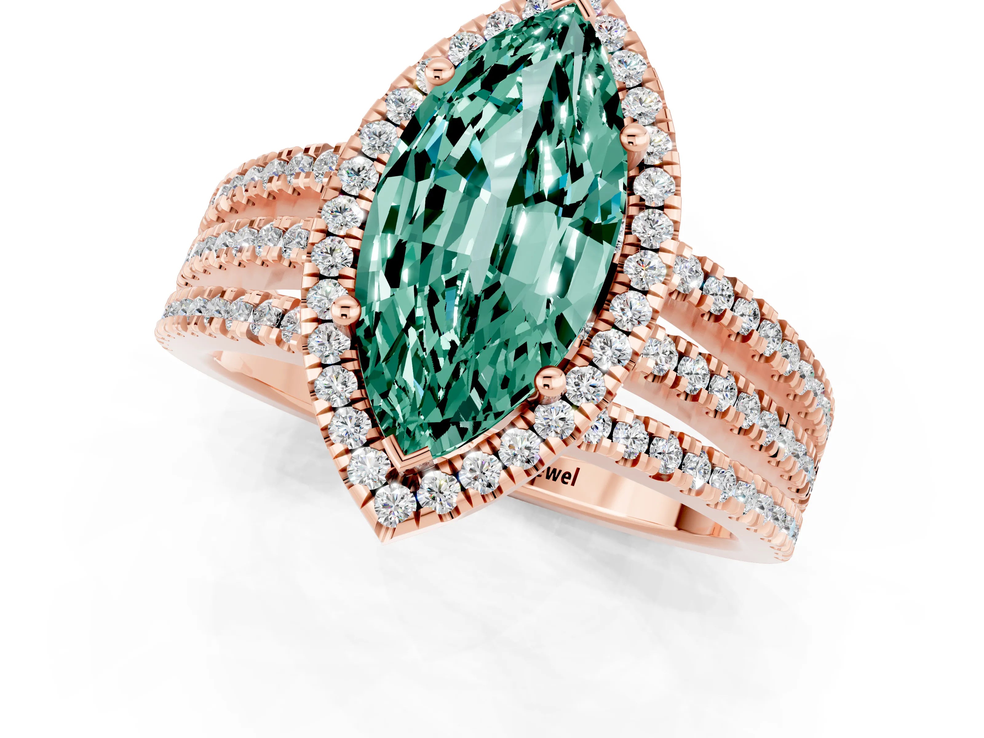 Rose gold {shape_name} Green Sapphire Halo Engagement Ring with Split Shank and Four-Prong Setting_1