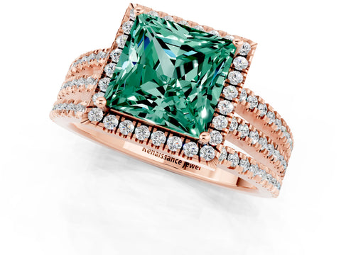 Rose gold {shape_name} Green Sapphire Halo Engagement Ring with Split Shank and Four-Prong Setting_1