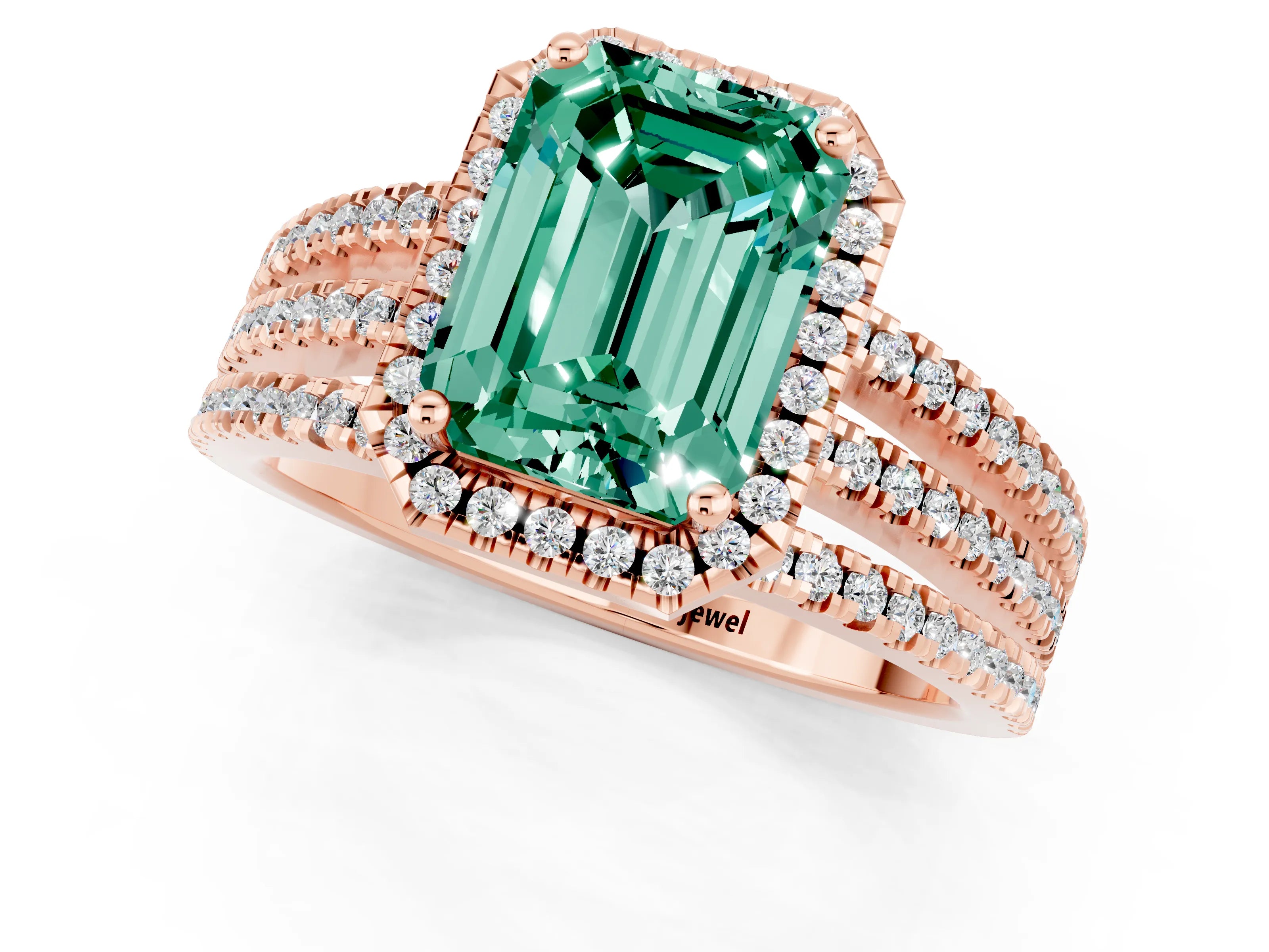 Rose gold {shape_name} Green Sapphire Halo Engagement Ring with Split Shank and Four-Prong Setting_1