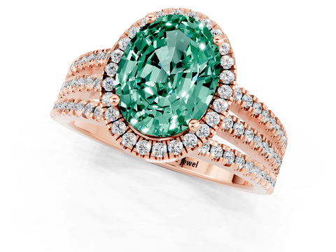 Rose gold {shape_name} Green Sapphire Halo Engagement Ring with Split Shank and Four-Prong Setting_1