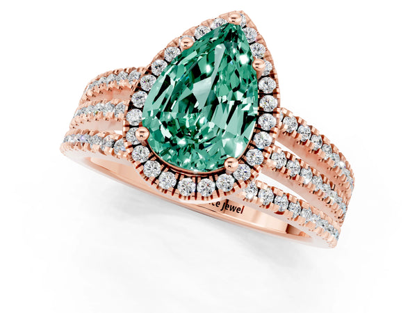 Rose gold Pear Cut Green Sapphire Halo Engagement Ring with Split Shank and Four-Prong Setting