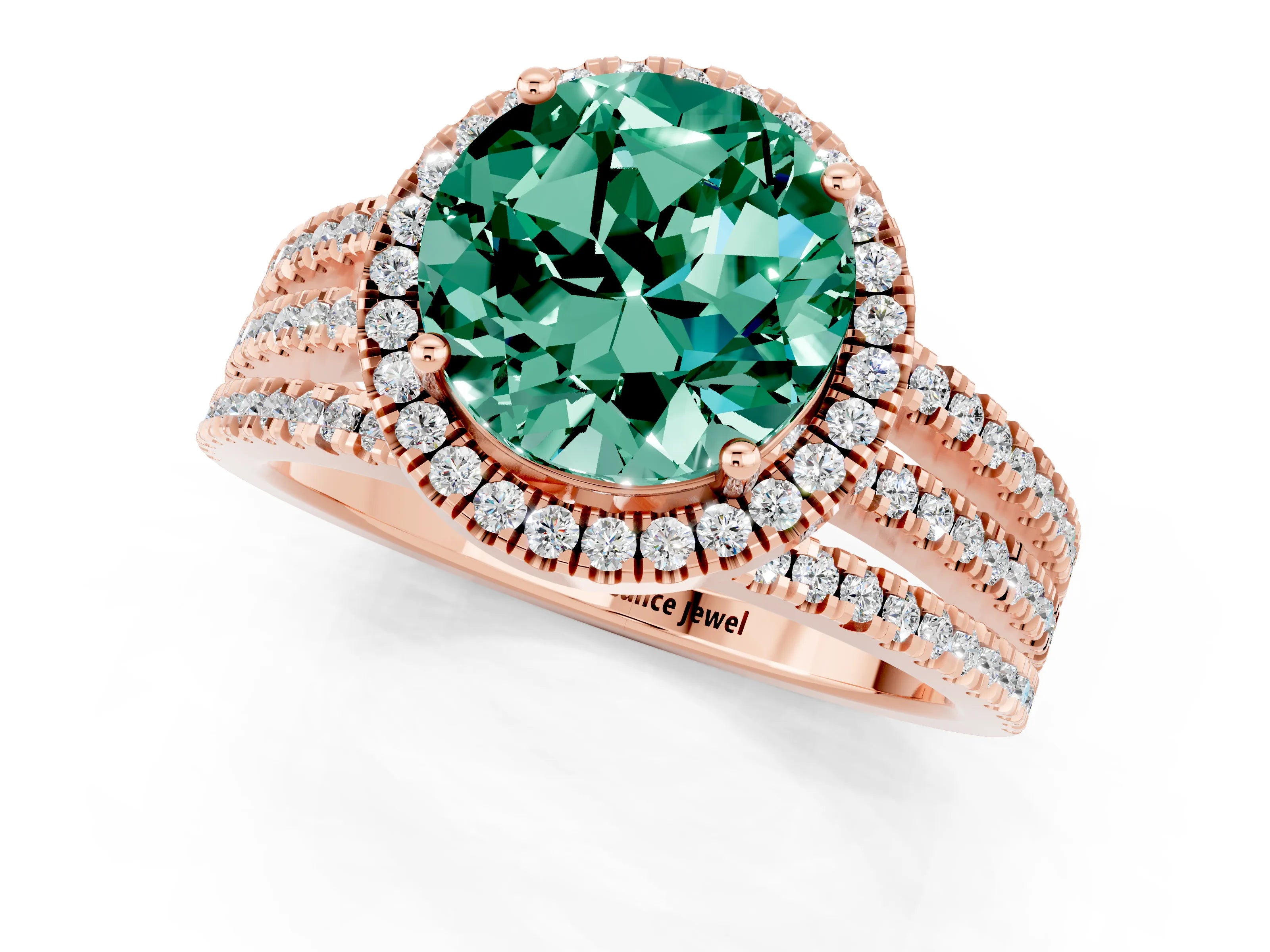 Rose gold {shape_name} Green Sapphire Halo Engagement Ring with Split Shank and Four-Prong Setting_1
