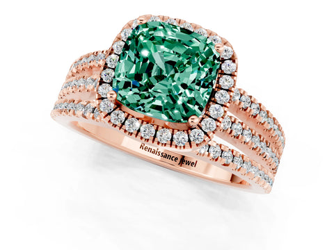 Rose gold {shape_name} Green Sapphire Halo Engagement Ring with Split Shank and Four-Prong Setting_1