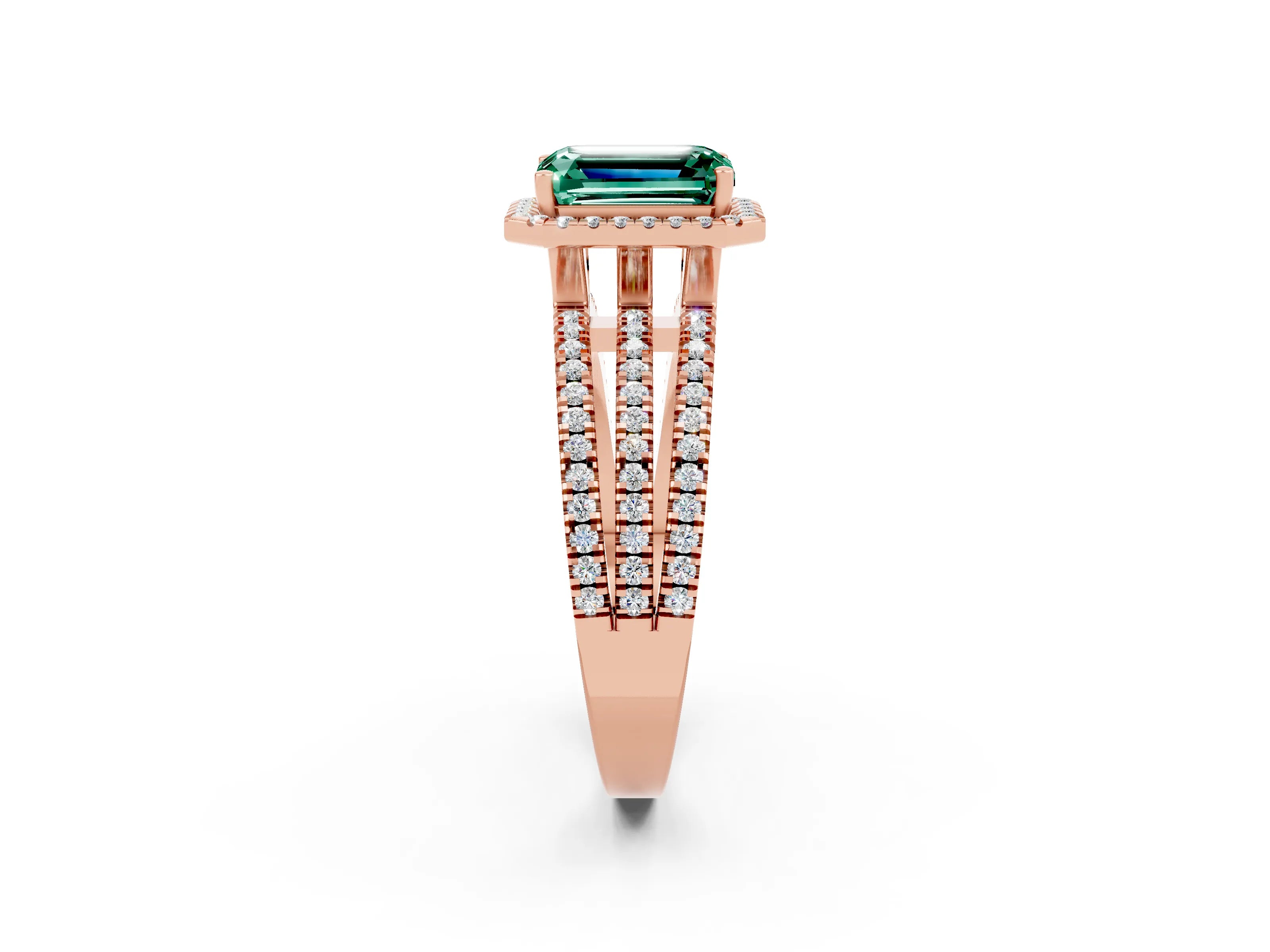 Rose gold {shape_name} Green Sapphire Halo Engagement Ring with Split Shank and Four-Prong Setting_2