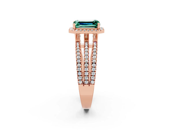 Rose gold Emerald Cut Green Sapphire Halo Engagement Ring with Split Shank and Four-Prong Setting