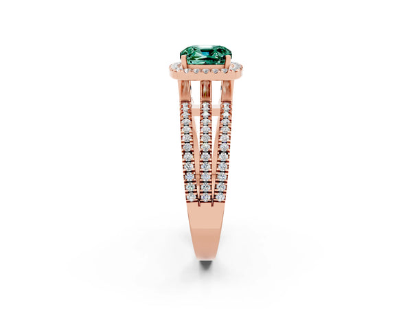 Rose gold Cushion Cut Green Sapphire Halo Engagement Ring with Split Shank and Four-Prong Setting