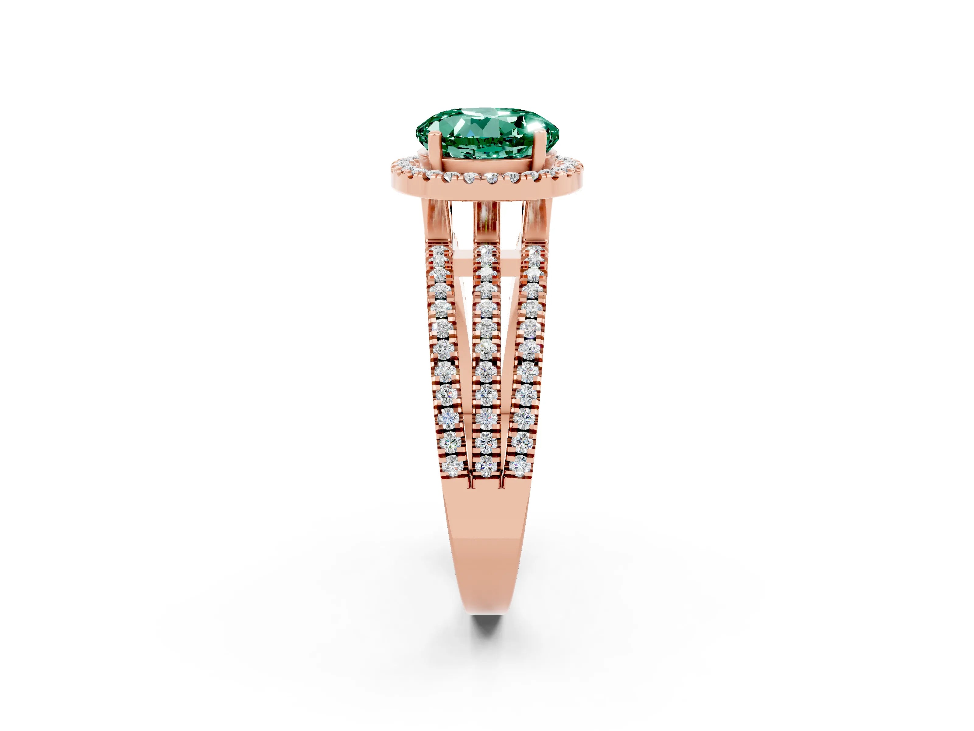 Rose gold {shape_name} Green Sapphire Halo Engagement Ring with Split Shank and Four-Prong Setting_2