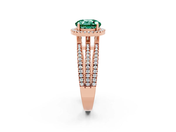 Rose gold Round Cut Green Sapphire Halo Engagement Ring with Split Shank and Four-Prong Setting