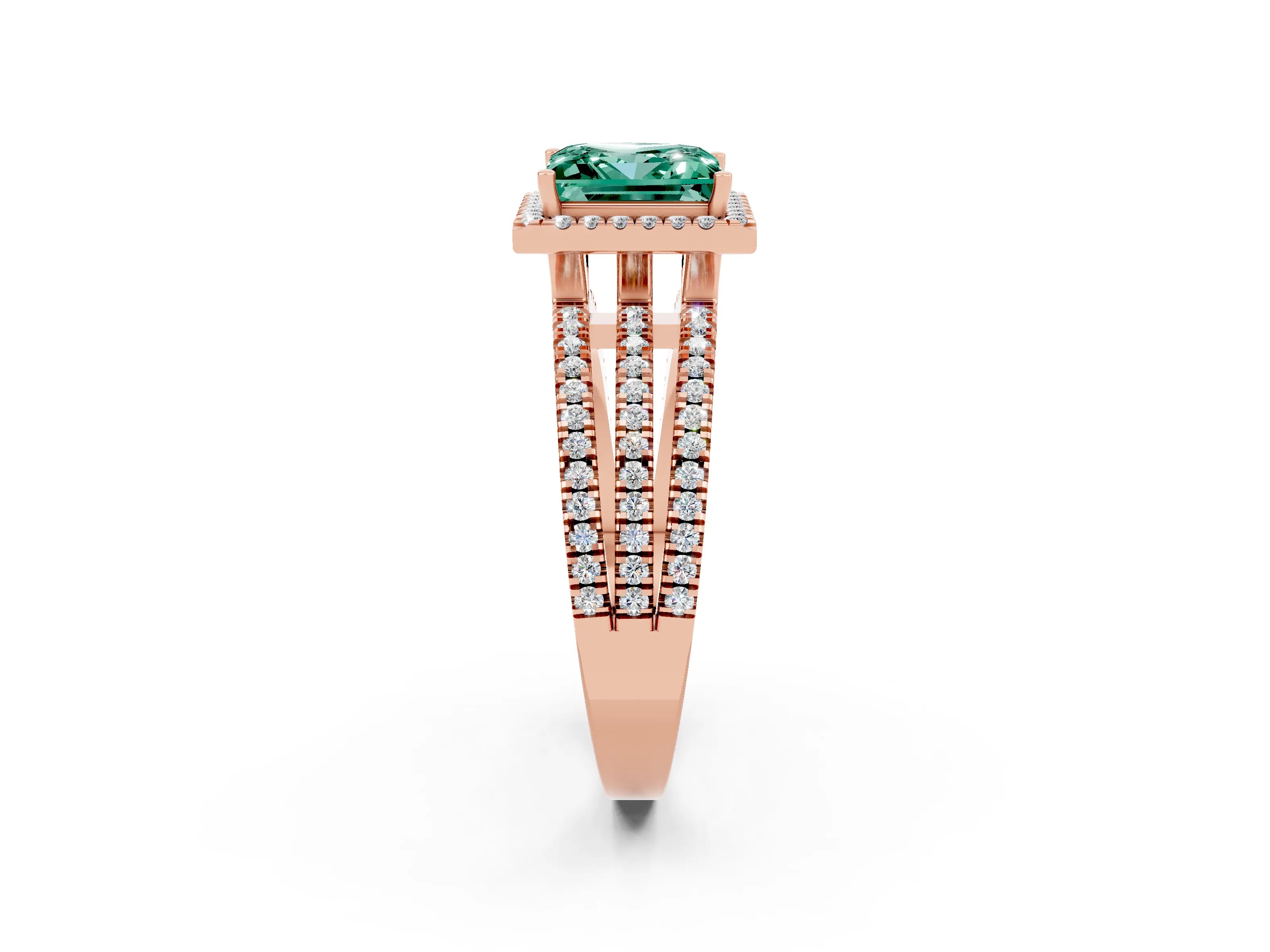Rose gold {shape_name} Green Sapphire Halo Engagement Ring with Split Shank and Four-Prong Setting_2
