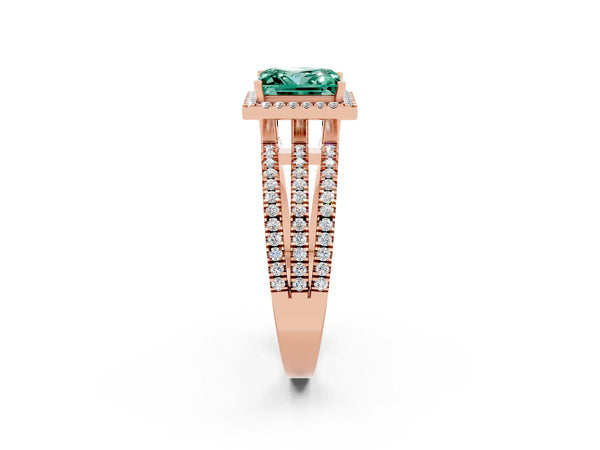Rose gold Princess Cut Green Sapphire Halo Engagement Ring with Split Shank and Four-Prong Setting