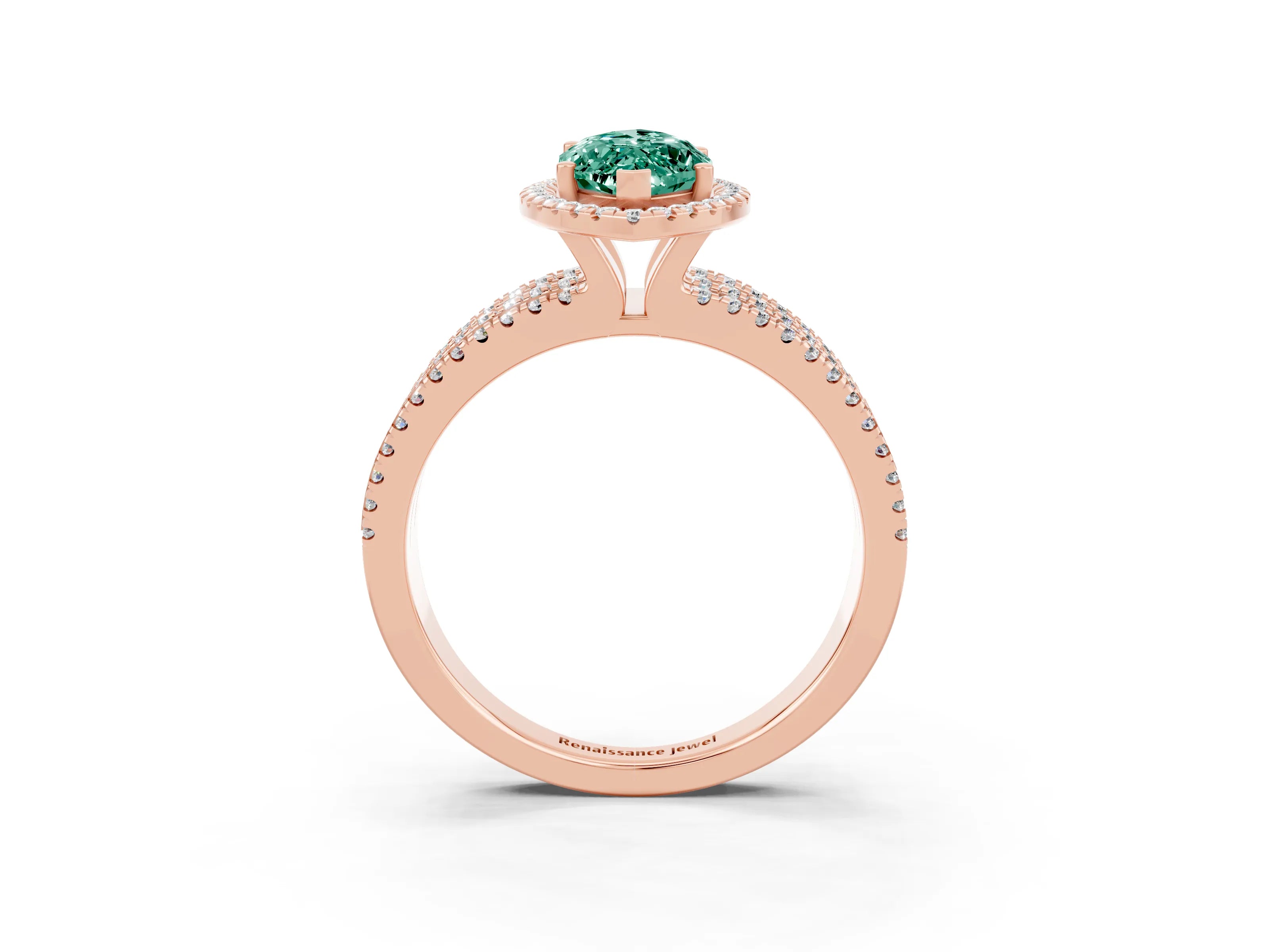 Rose gold {shape_name} Green Sapphire Halo Engagement Ring with Split Shank and Four-Prong Setting_3