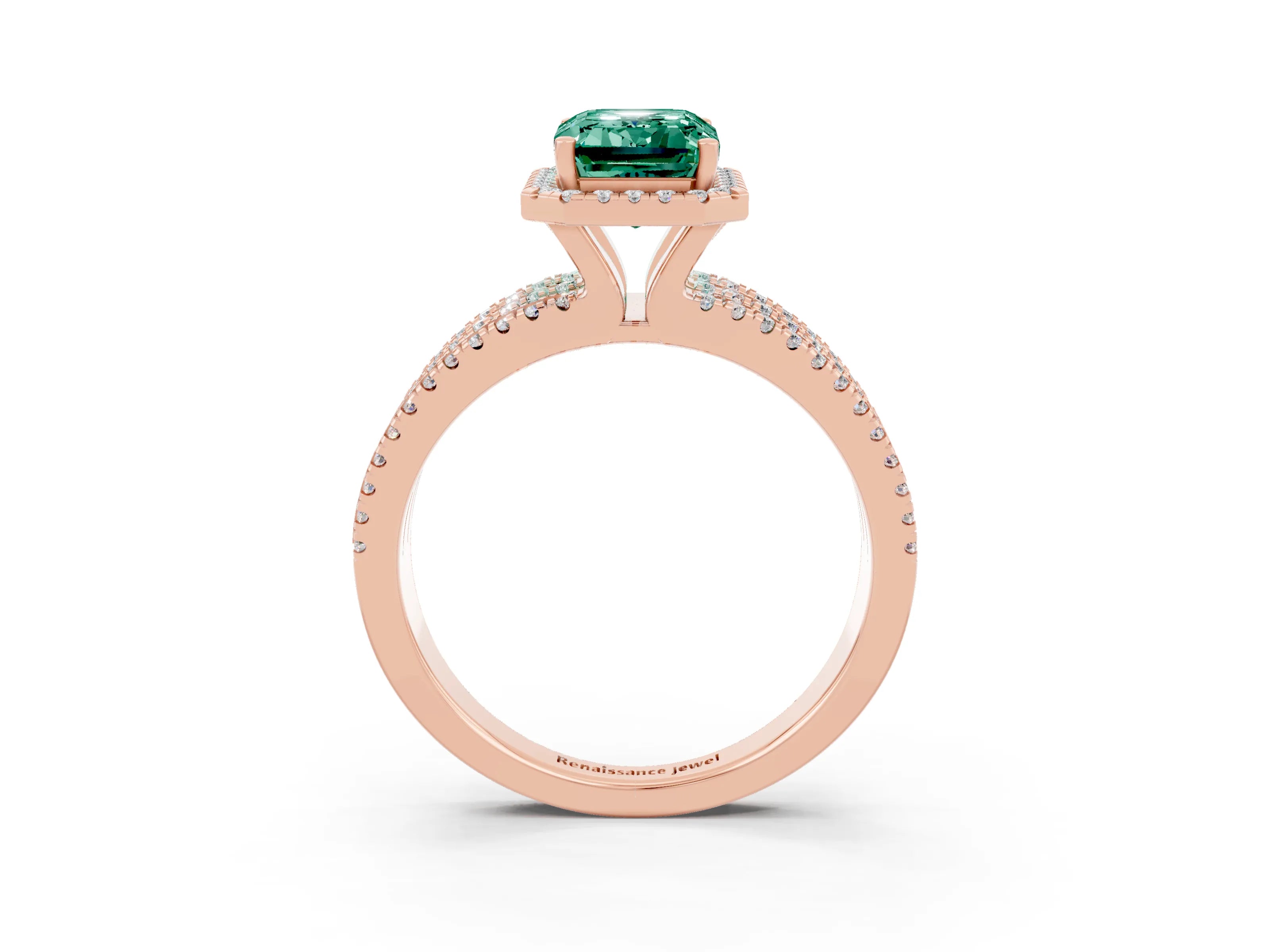 Rose gold {shape_name} Green Sapphire Halo Engagement Ring with Split Shank and Four-Prong Setting_3