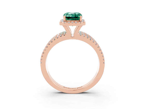 Rose gold Emerald Cut Green Sapphire Halo Engagement Ring with Split Shank and Four-Prong Setting