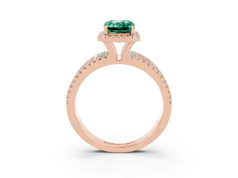 Rose gold {shape_name} Green Sapphire Halo Engagement Ring with Split Shank and Four-Prong Setting_3