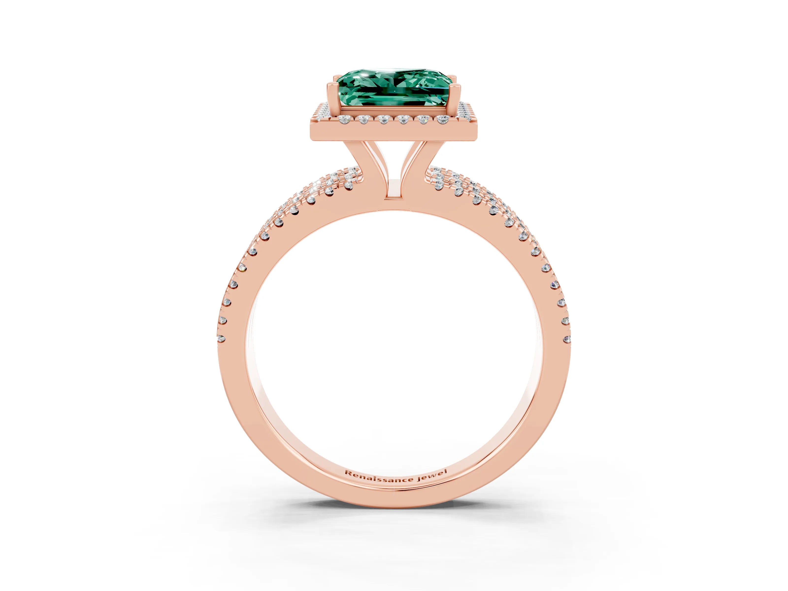 Rose gold {shape_name} Green Sapphire Halo Engagement Ring with Split Shank and Four-Prong Setting_3