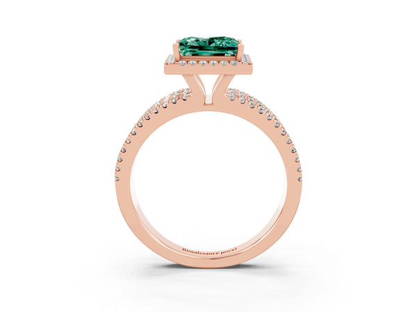 Rose gold Princess Cut Green Sapphire Halo Engagement Ring with Split Shank and Four-Prong Setting