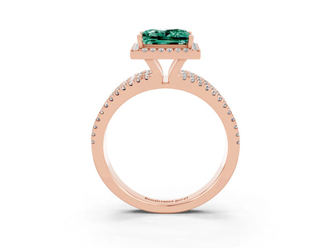 Rose gold {shape_name} Green Sapphire Halo Engagement Ring with Split Shank and Four-Prong Setting_3