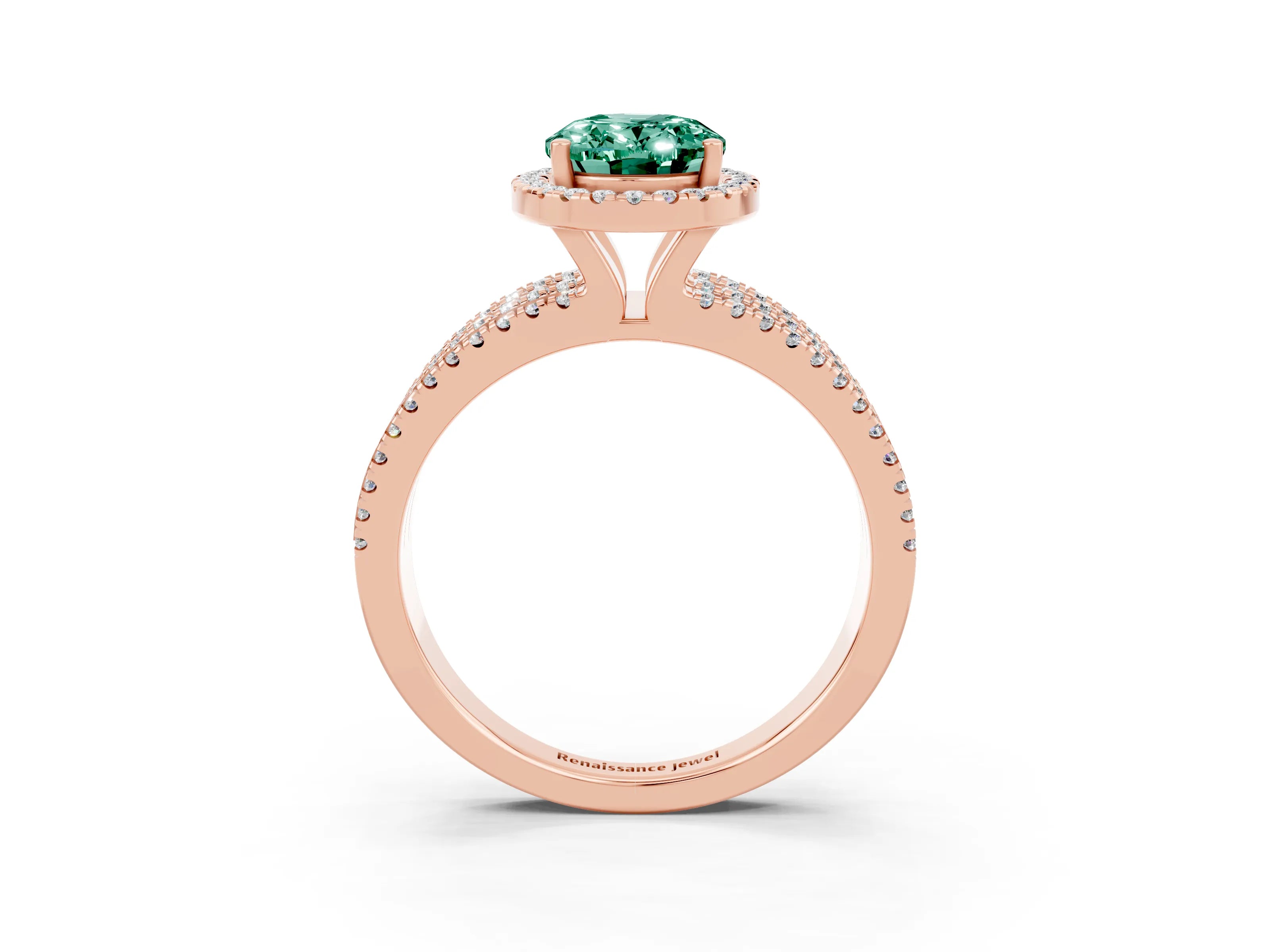 Rose gold {shape_name} Green Sapphire Halo Engagement Ring with Split Shank and Four-Prong Setting_3