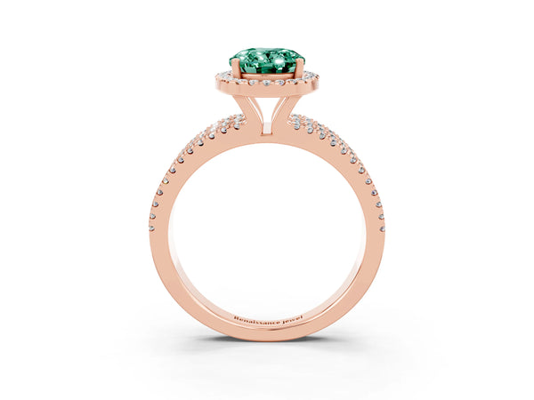 Rose gold Oval Cut Green Sapphire Halo Engagement Ring with Split Shank and Four-Prong Setting