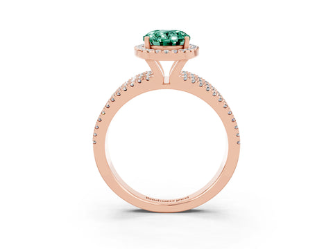 Rose gold {shape_name} Green Sapphire Halo Engagement Ring with Split Shank and Four-Prong Setting_3