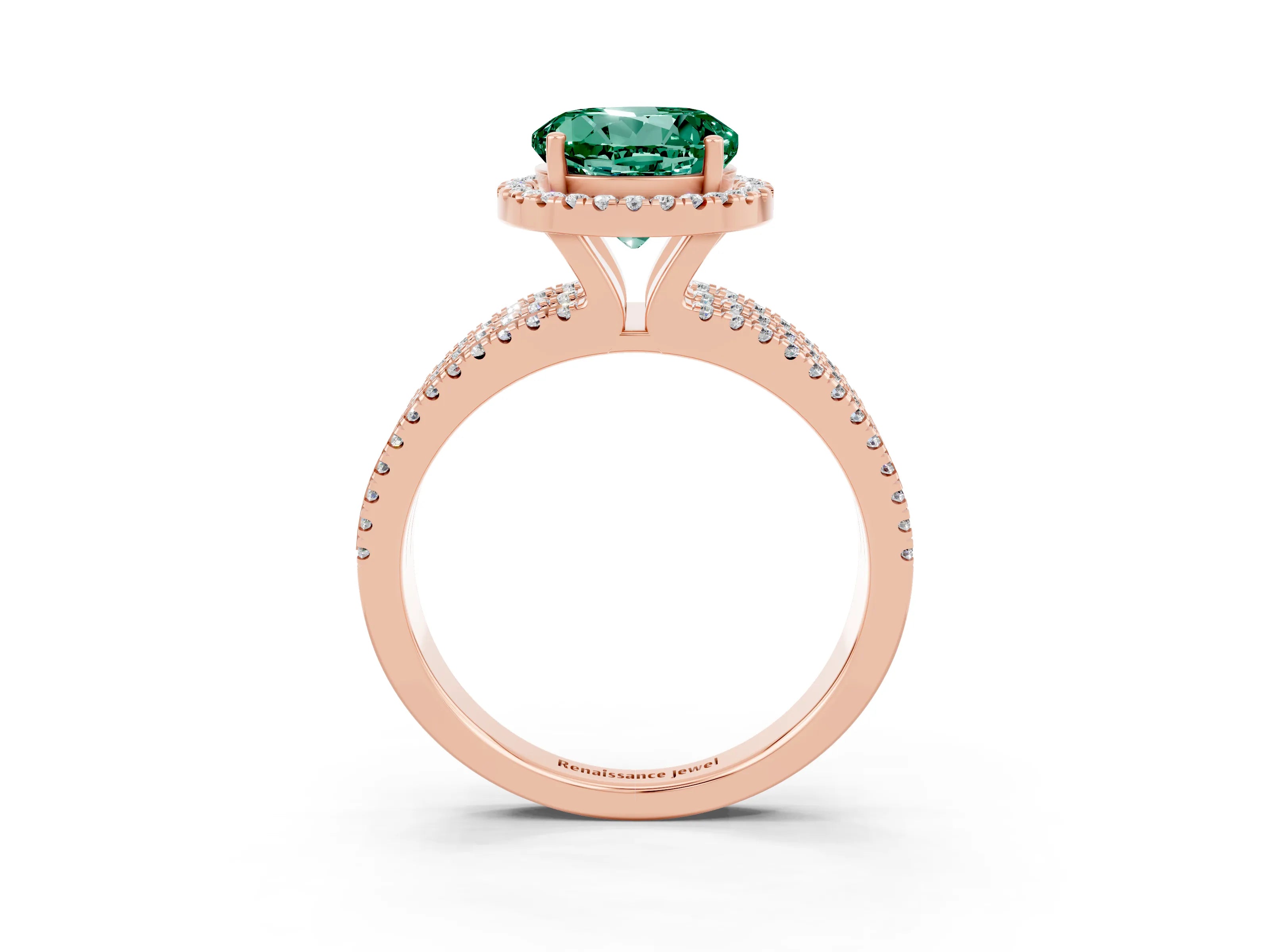 Rose gold {shape_name} Green Sapphire Halo Engagement Ring with Split Shank and Four-Prong Setting_3