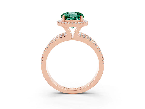 Rose gold Round Cut Green Sapphire Halo Engagement Ring with Split Shank and Four-Prong Setting