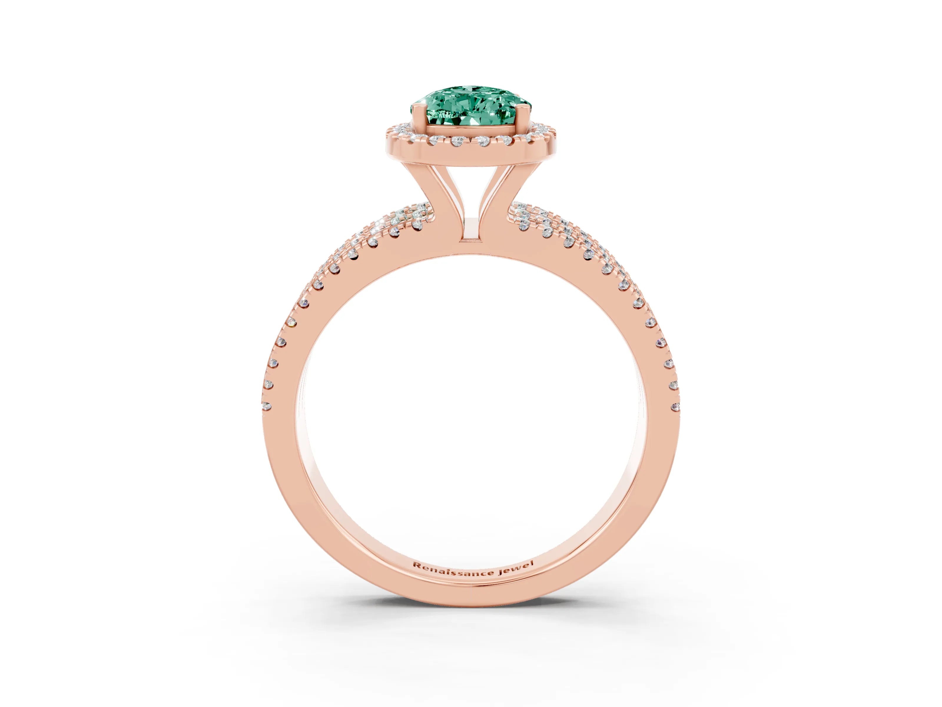 Rose gold {shape_name} Green Sapphire Halo Engagement Ring with Split Shank and Four-Prong Setting_3