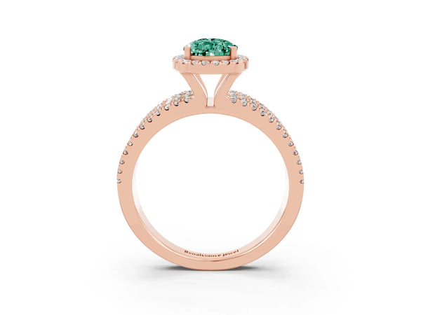 Rose gold Pear Cut Green Sapphire Halo Engagement Ring with Split Shank and Four-Prong Setting