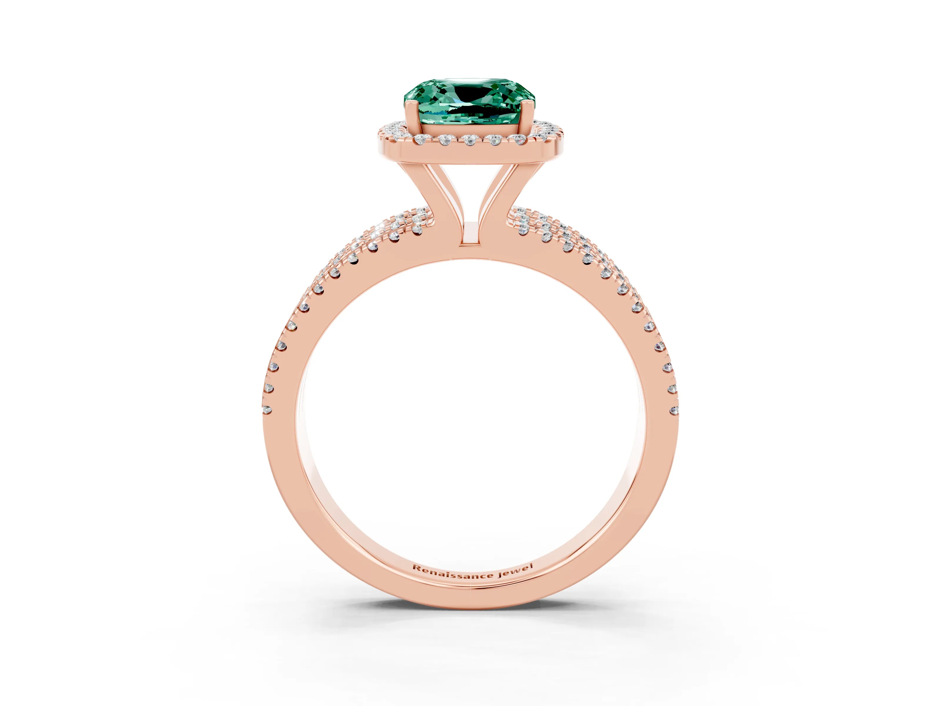 Rose gold {shape_name} Green Sapphire Halo Engagement Ring with Split Shank and Four-Prong Setting_3