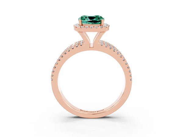 Rose gold Cushion Cut Green Sapphire Halo Engagement Ring with Split Shank and Four-Prong Setting