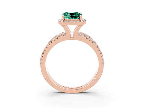 Rose gold {shape_name} Green Sapphire Halo Engagement Ring with Split Shank and Four-Prong Setting_3