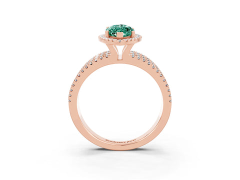 Rose gold {shape_name} Green Sapphire Halo Engagement Ring with Split Shank and Four-Prong Setting_3