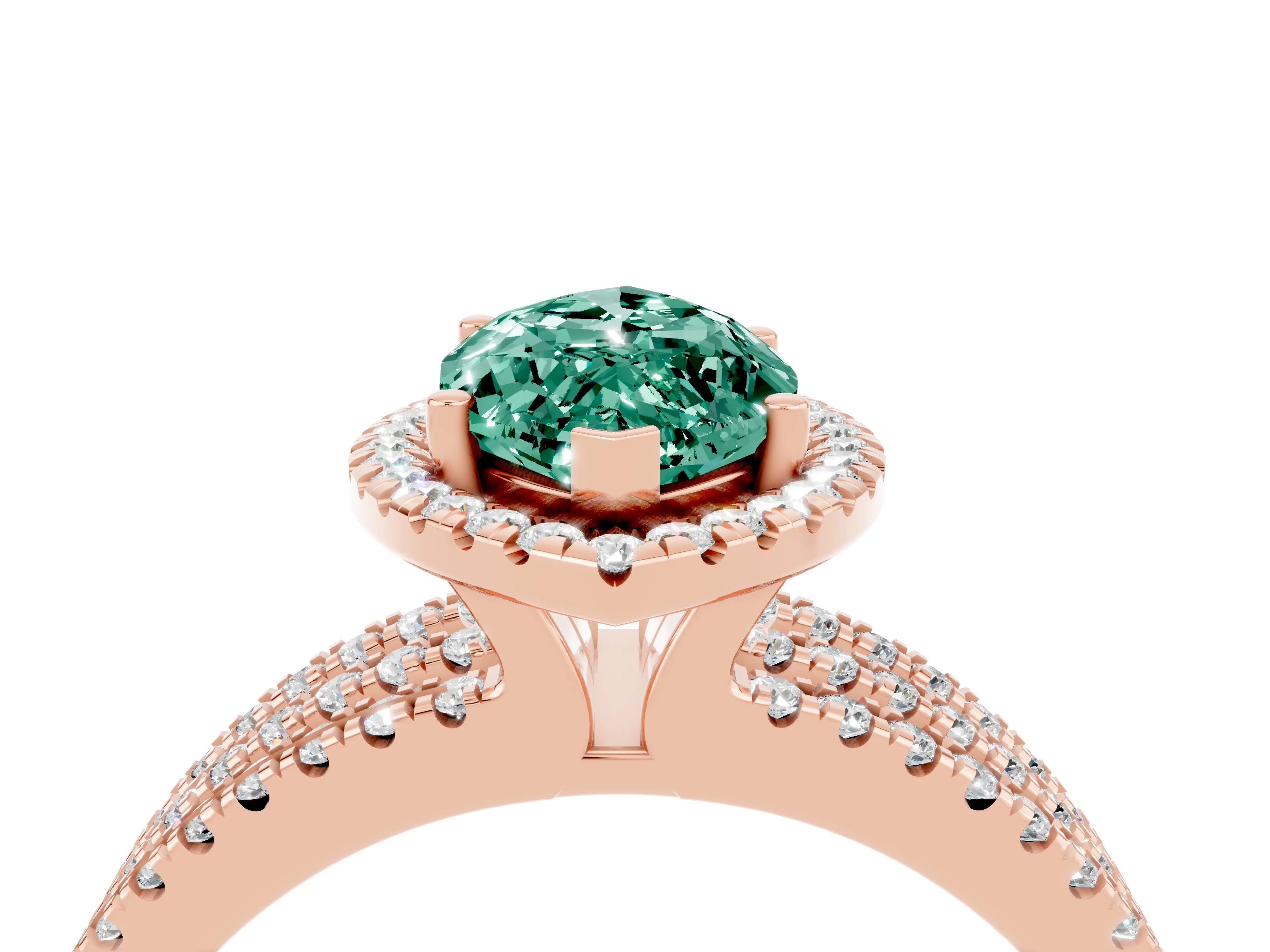 Rose gold {shape_name} Green Sapphire Halo Engagement Ring with Split Shank and Four-Prong Setting_4