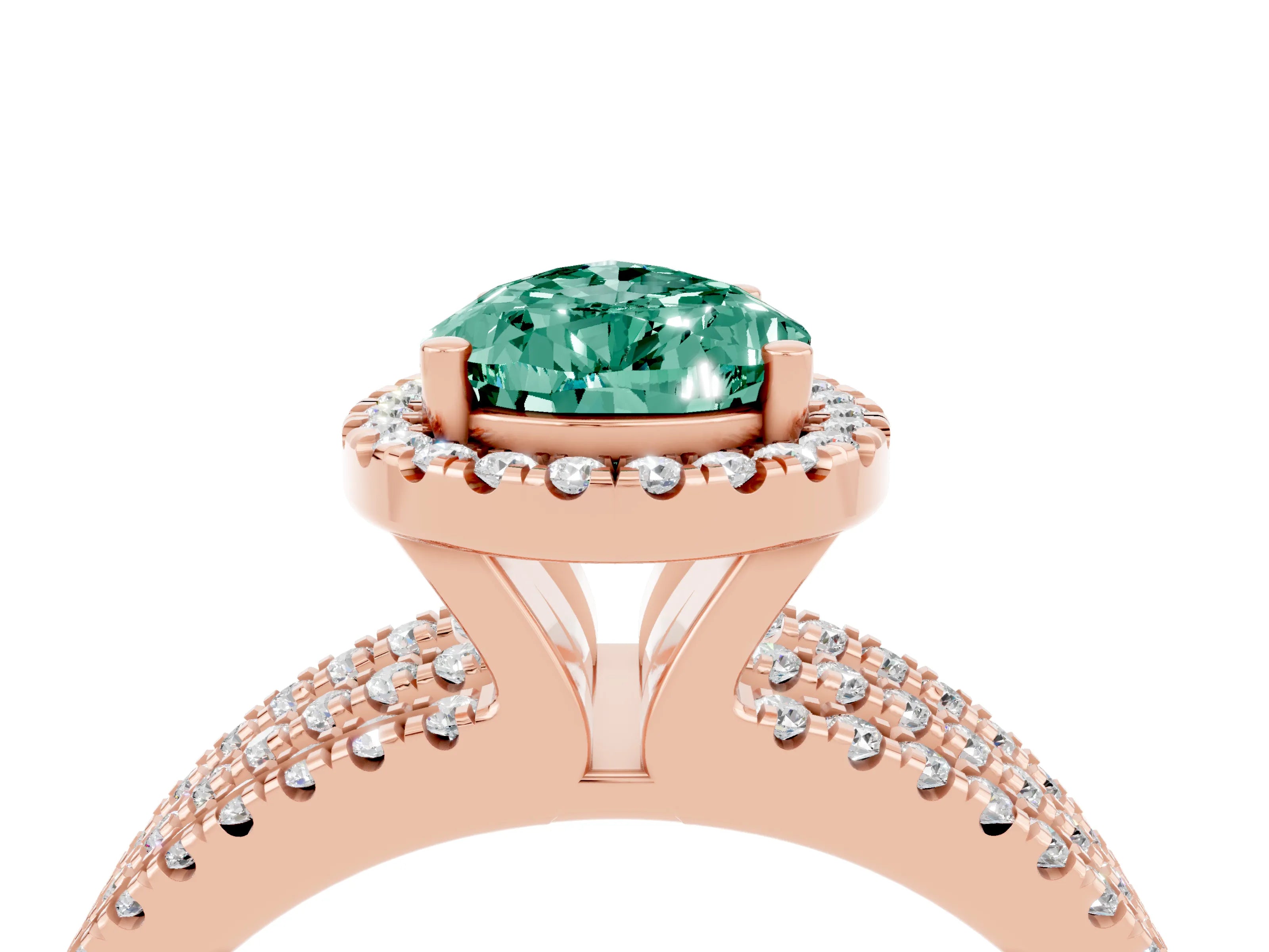 Rose gold {shape_name} Green Sapphire Halo Engagement Ring with Split Shank and Four-Prong Setting_4
