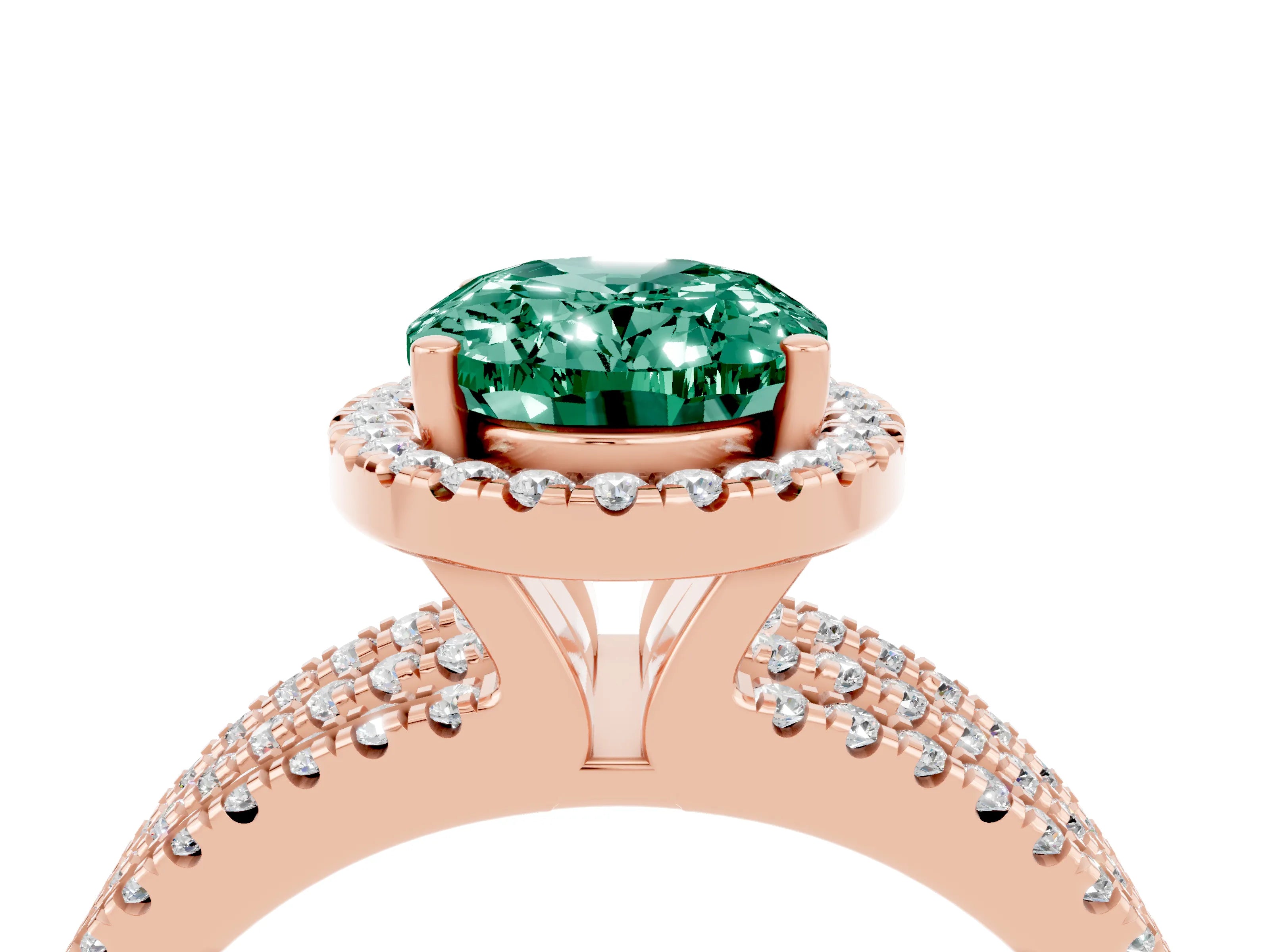 Rose gold {shape_name} Green Sapphire Halo Engagement Ring with Split Shank and Four-Prong Setting_4