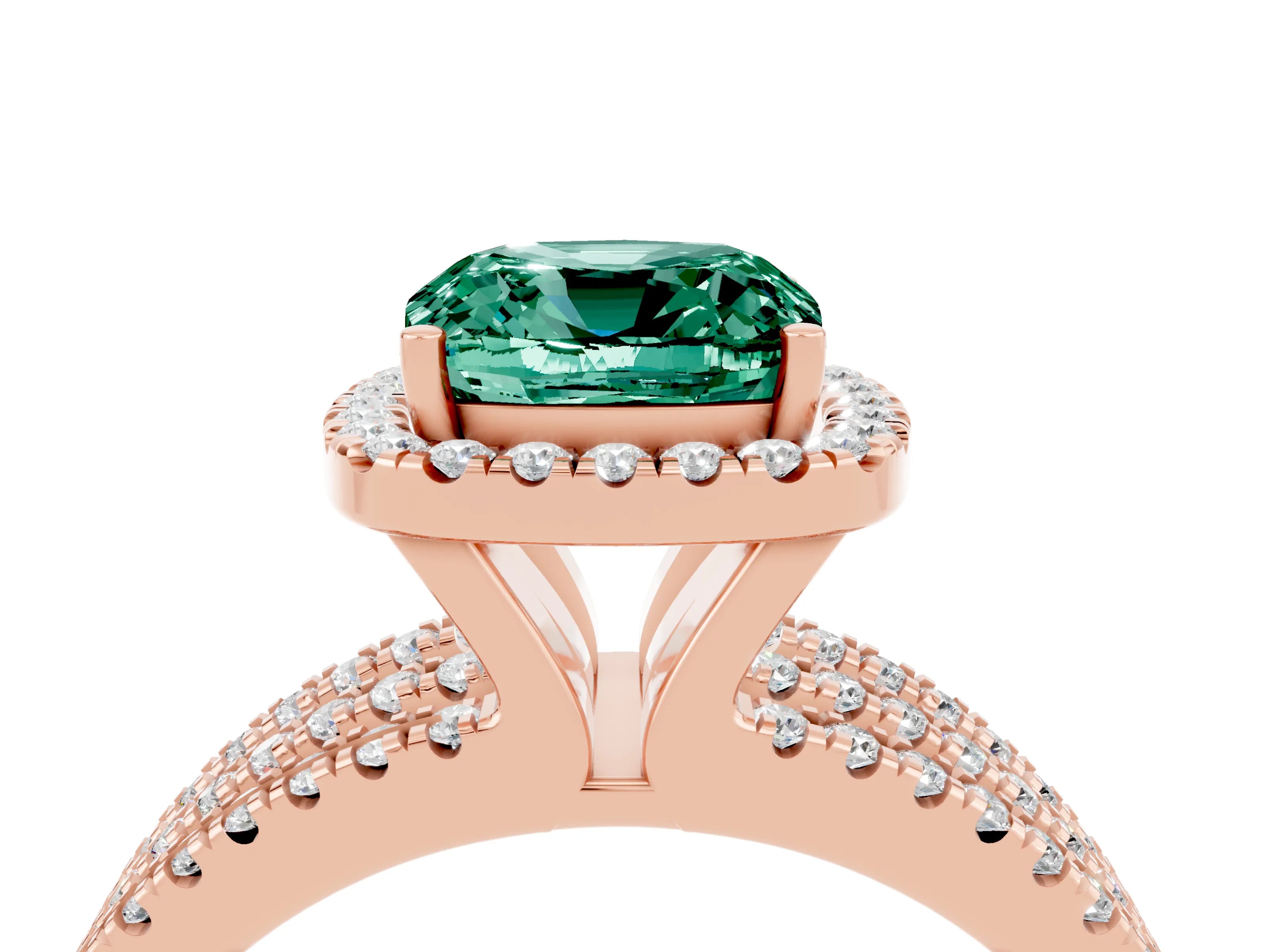 Rose gold {shape_name} Green Sapphire Halo Engagement Ring with Split Shank and Four-Prong Setting_4