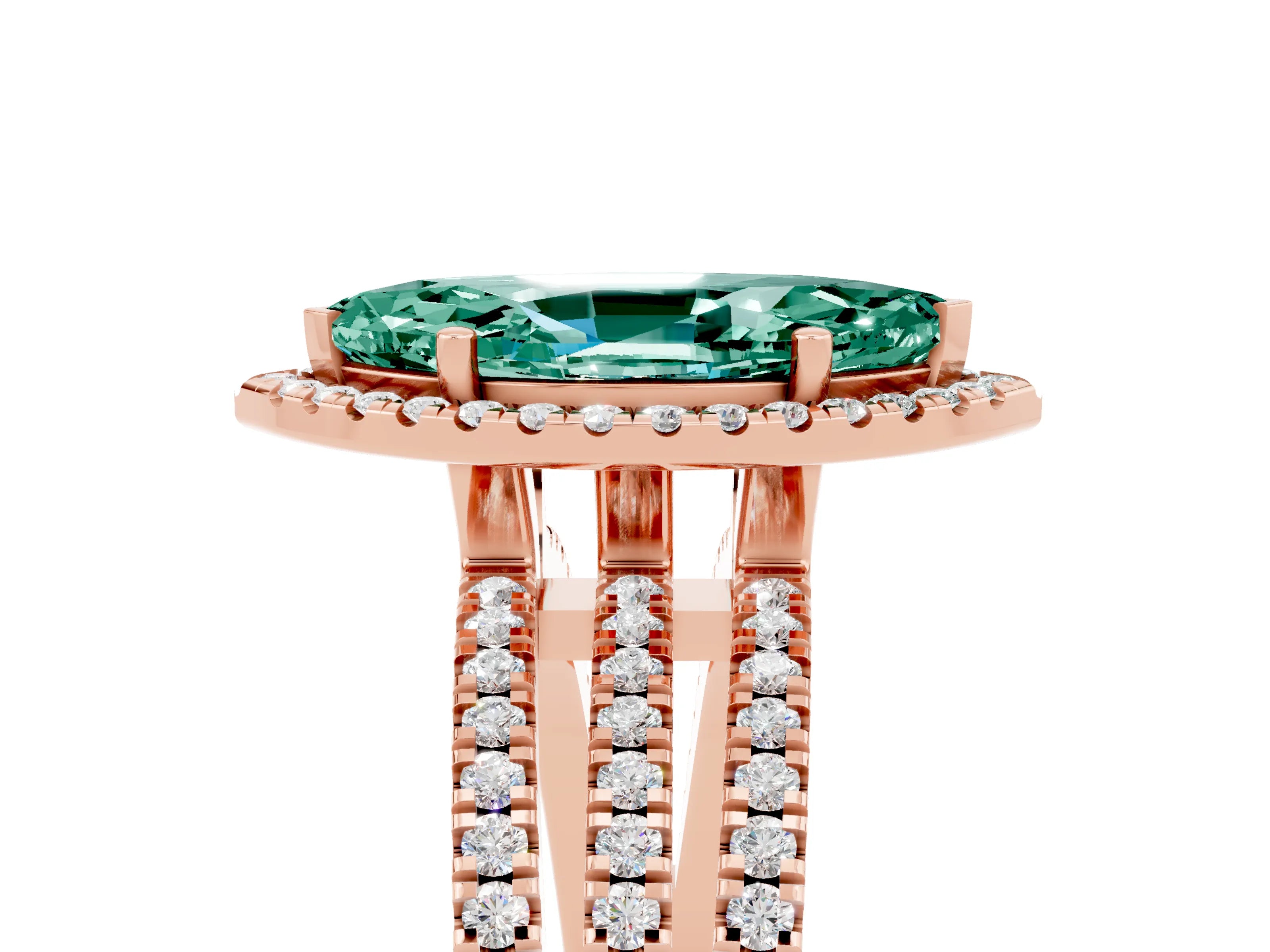 Rose gold {shape_name} Green Sapphire Halo Engagement Ring with Split Shank and Four-Prong Setting_5