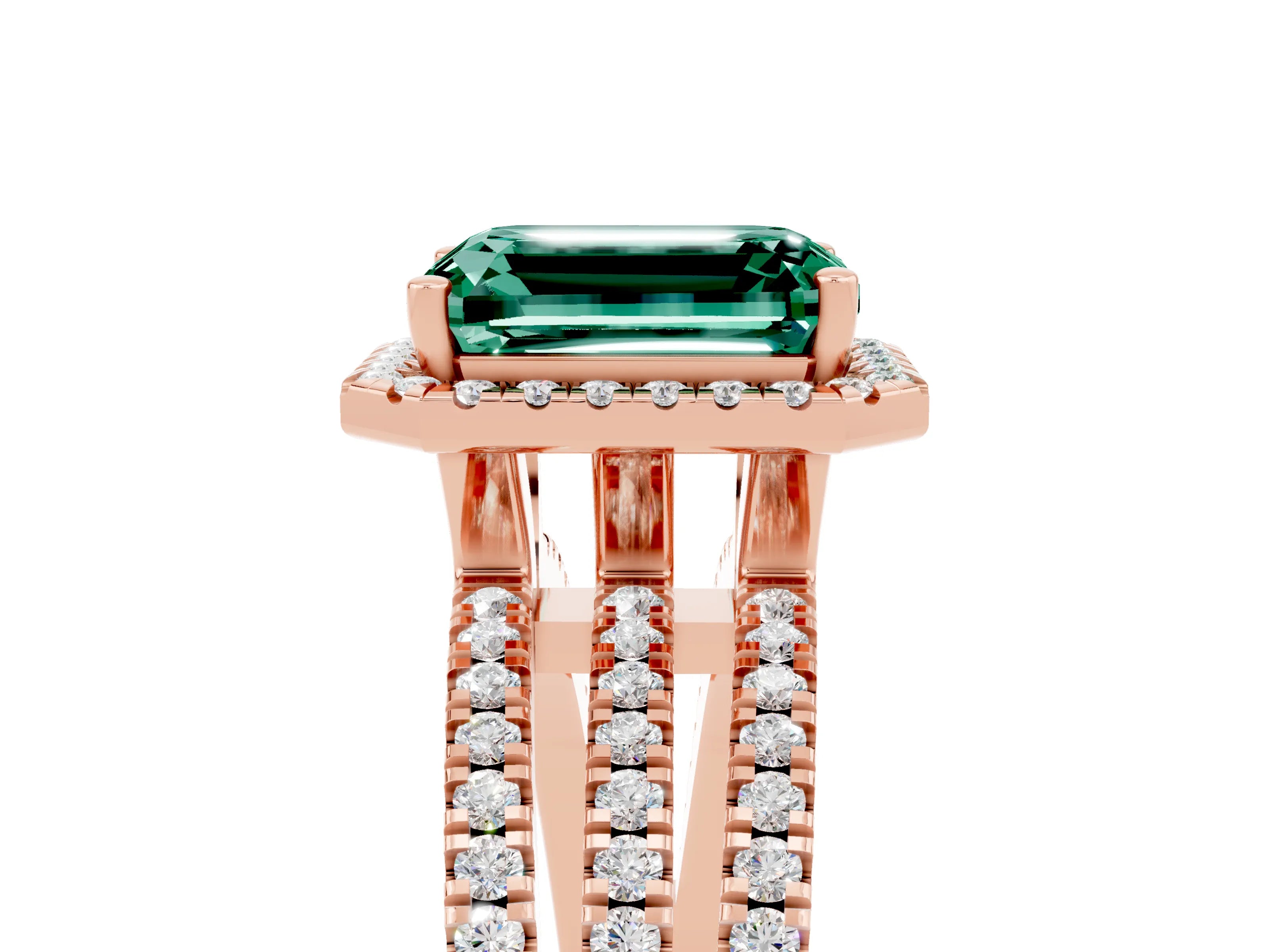 Rose gold {shape_name} Green Sapphire Halo Engagement Ring with Split Shank and Four-Prong Setting_5