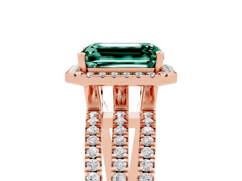 Rose gold {shape_name} Green Sapphire Halo Engagement Ring with Split Shank and Four-Prong Setting_5