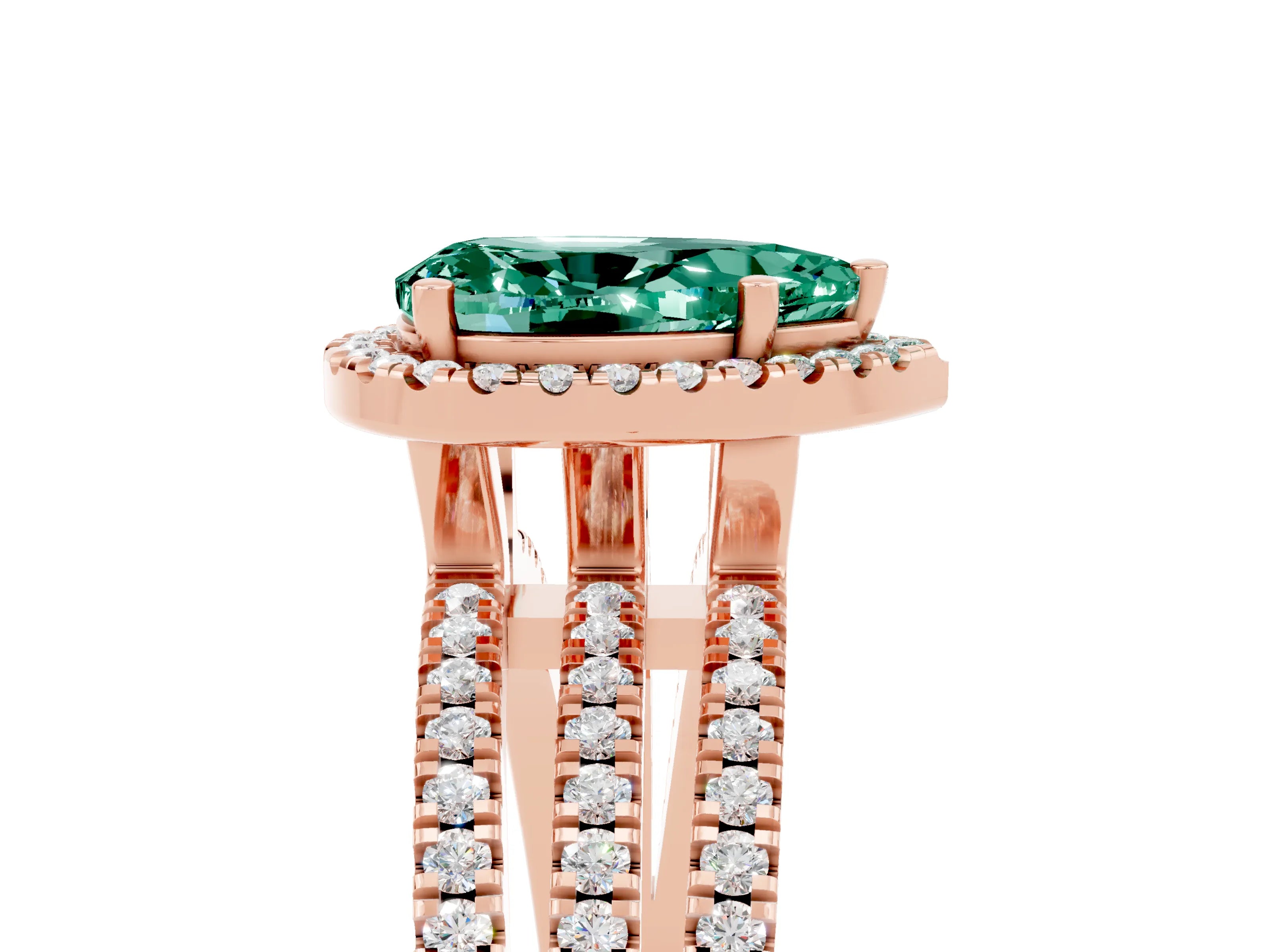 Rose gold {shape_name} Green Sapphire Halo Engagement Ring with Split Shank and Four-Prong Setting_5