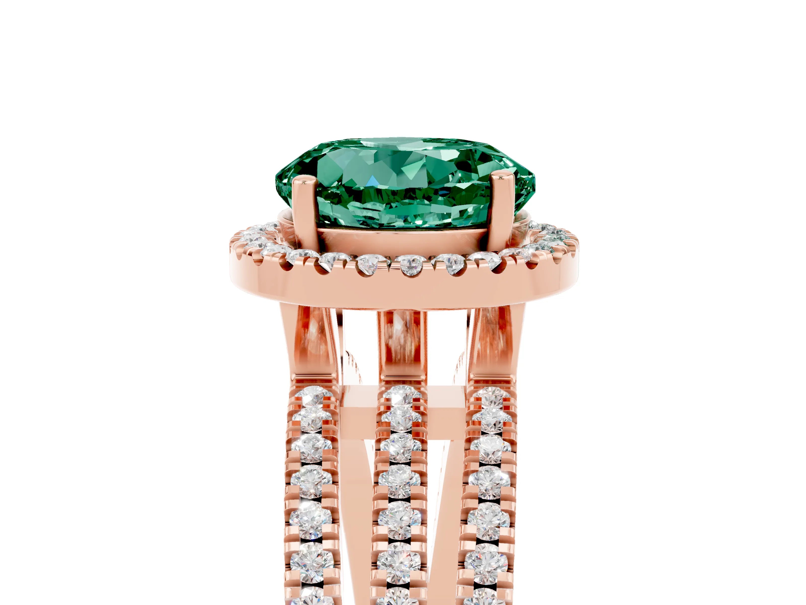 Rose gold {shape_name} Green Sapphire Halo Engagement Ring with Split Shank and Four-Prong Setting_5