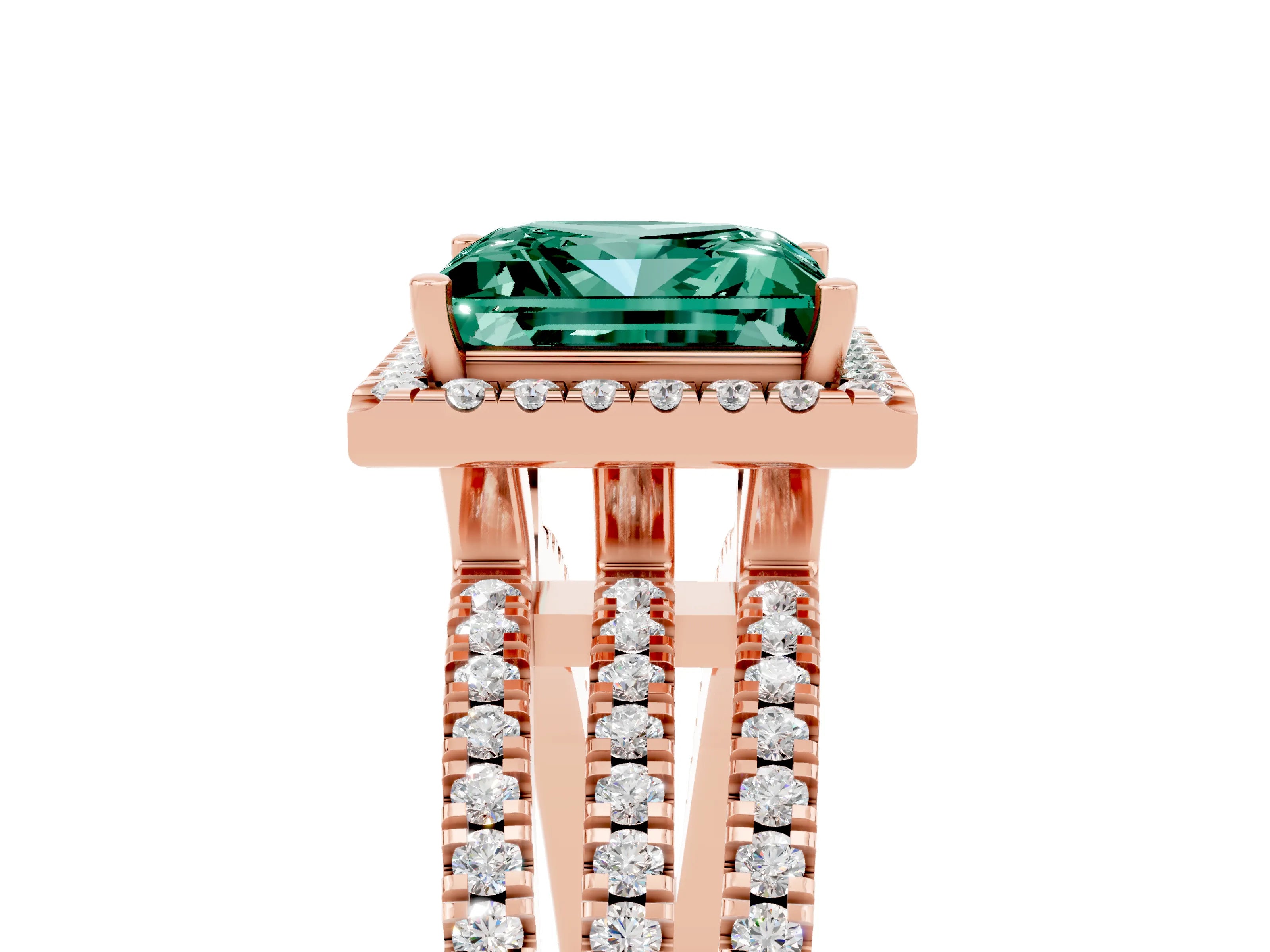 Rose gold {shape_name} Green Sapphire Halo Engagement Ring with Split Shank and Four-Prong Setting_5