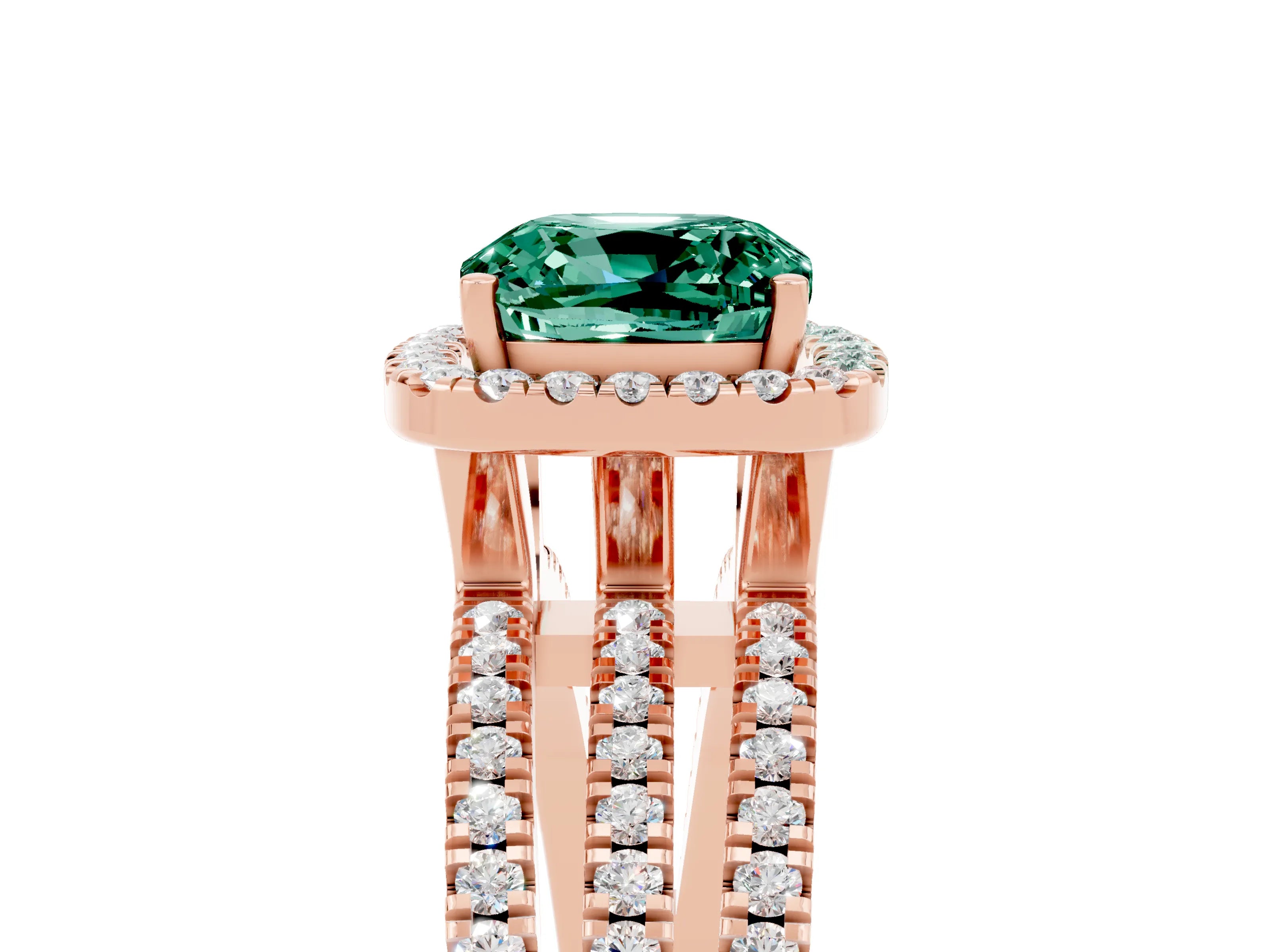 Rose gold {shape_name} Green Sapphire Halo Engagement Ring with Split Shank and Four-Prong Setting_5