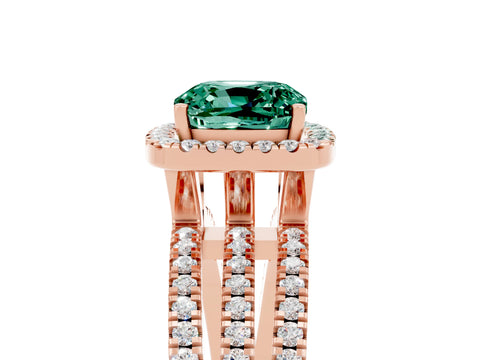 Rose gold {shape_name} Green Sapphire Halo Engagement Ring with Split Shank and Four-Prong Setting_5